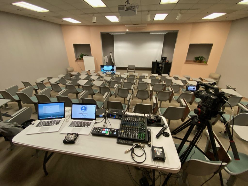 Control room setup for live streaming broadcast & digital recording conference room location.